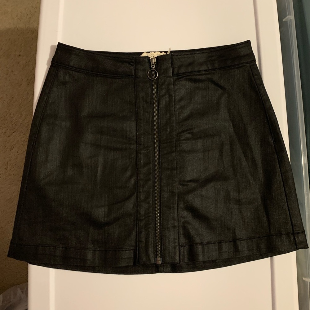 Black Leather Zip Up Skirt